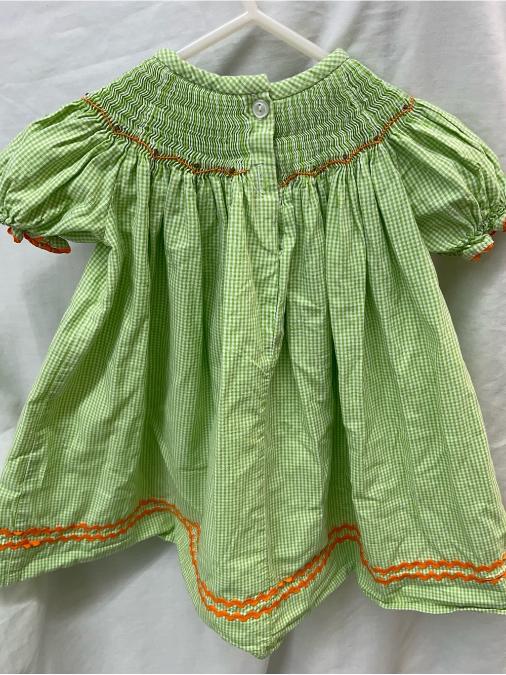 Vintage Stelbelly Smocked Green Gingham Dress/Turkey Embroidery girl sz 12 mos - Picture 2 of 5